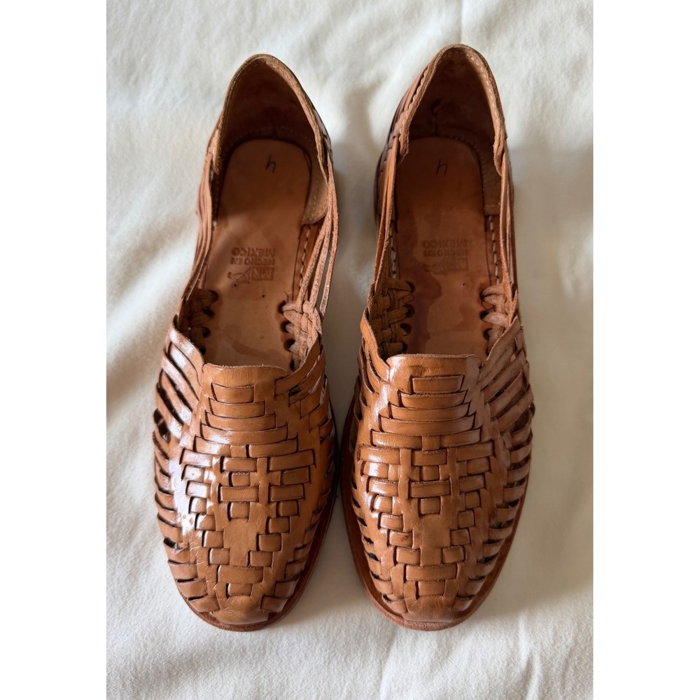 Handmade Mexican Leather Huarache Sandals Tan Woven Flat Slip On Shoes Women - Picture 2 of 7